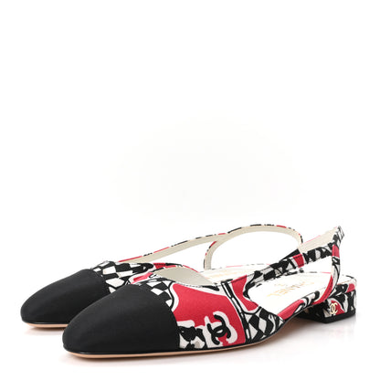 Chanel Printed Fabric Grosgrain Cap Toe CC Slingback Flats 38 Red Black White 4 of 9