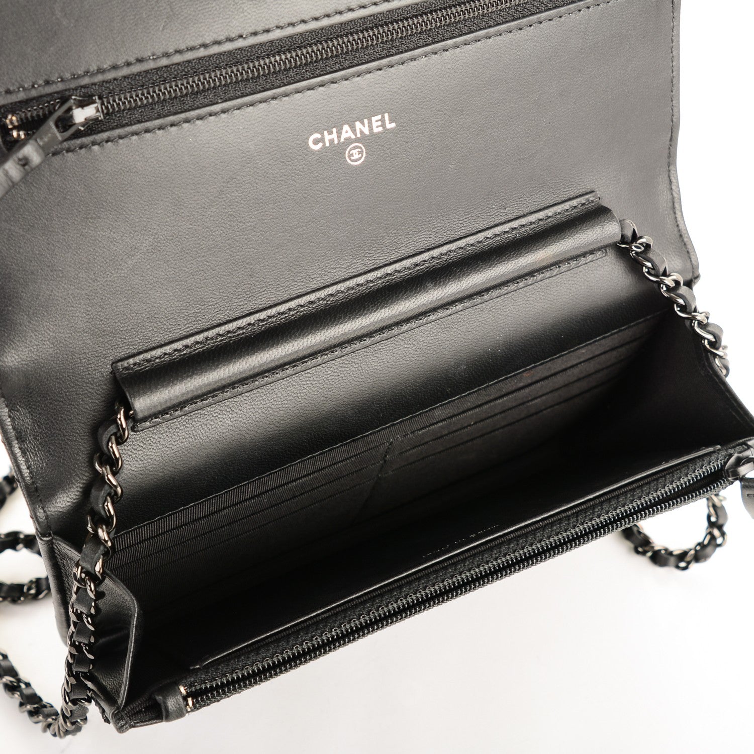 Chanel Calfskin Chevron Wallet On Chain WOC So Black 13 of 16