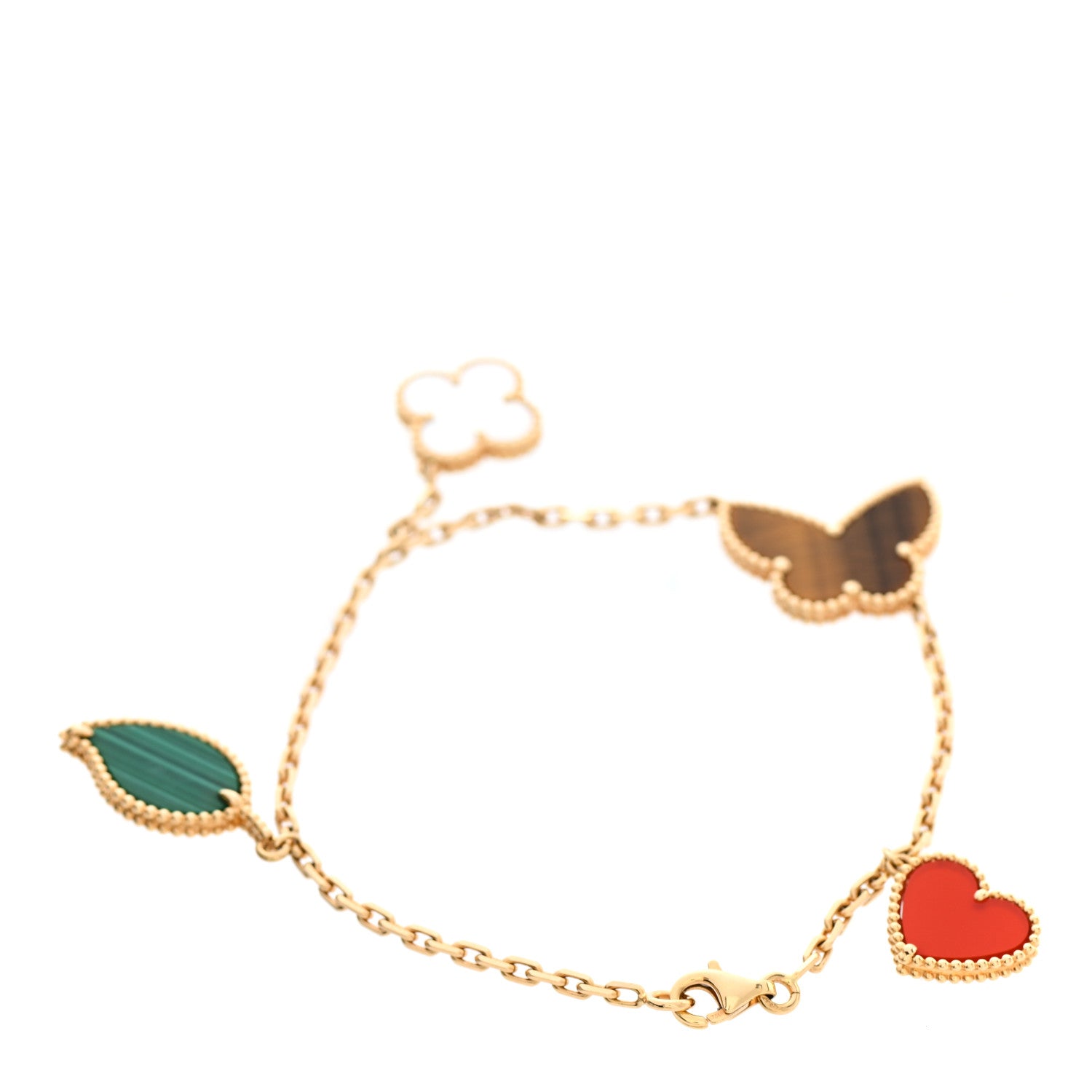 Van Cleef & Arpels 18K Yellow Gold Mother of Pearl Malachite Carnelian Tiger Eye 4 Motifs Lucky Alhambra Bracelet 3 of 4