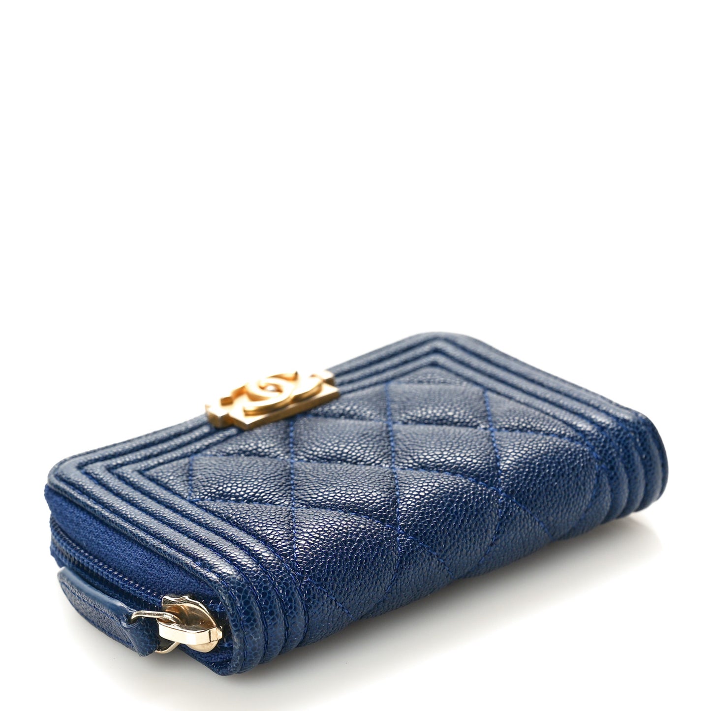 Caviar Quilted Boy Zip Around Coin Purse Wallet Navy Blue