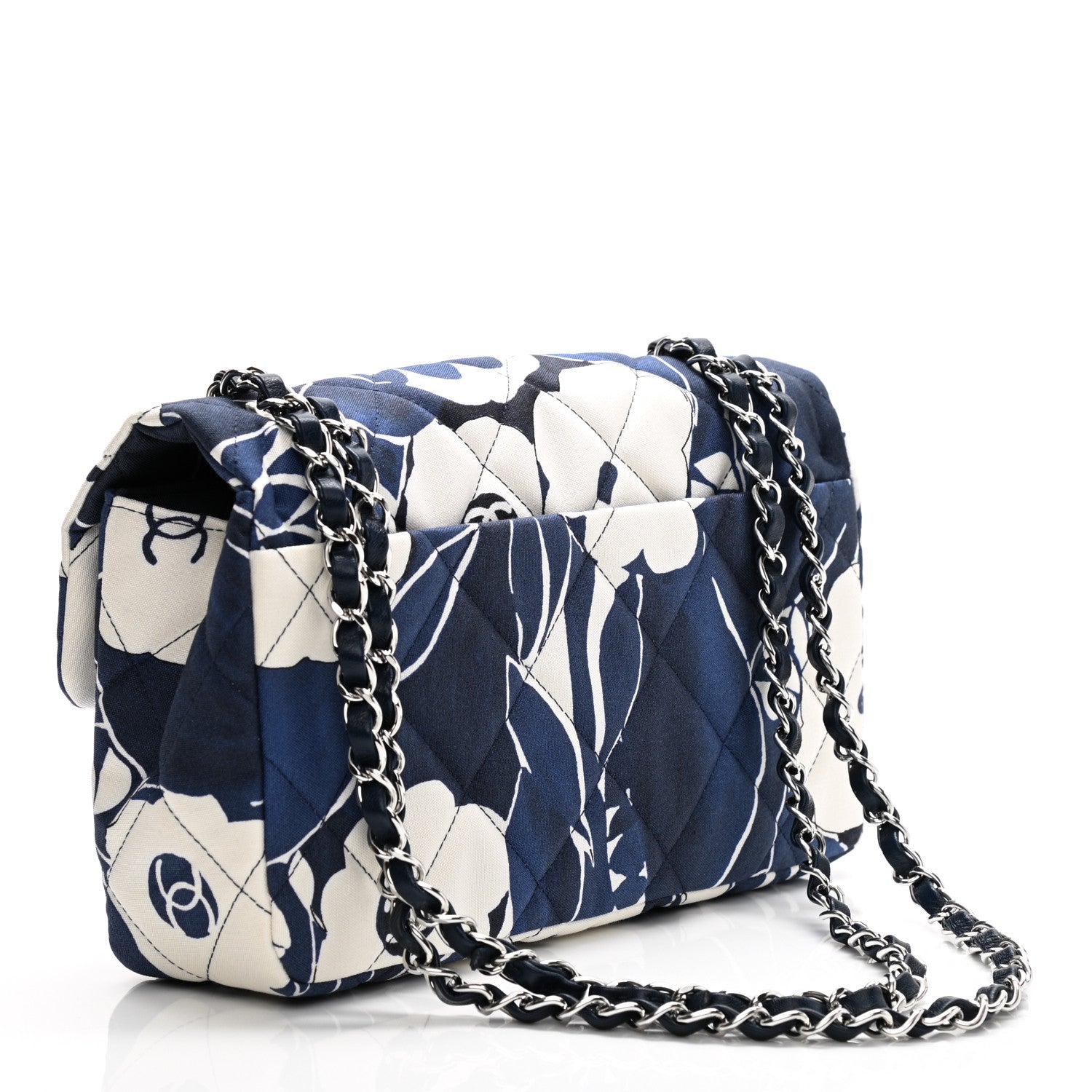 Chanel Floral Printed Silk CC Medium Single Flap Navy Blue White 3 of 11