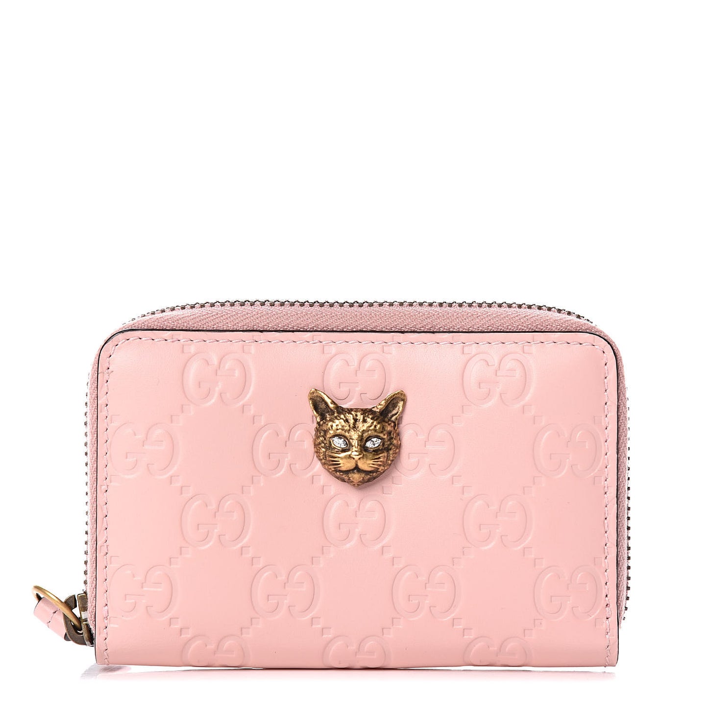 Guccissima Signature Crystal Cat Zip Around Card Case Light Candy Pink