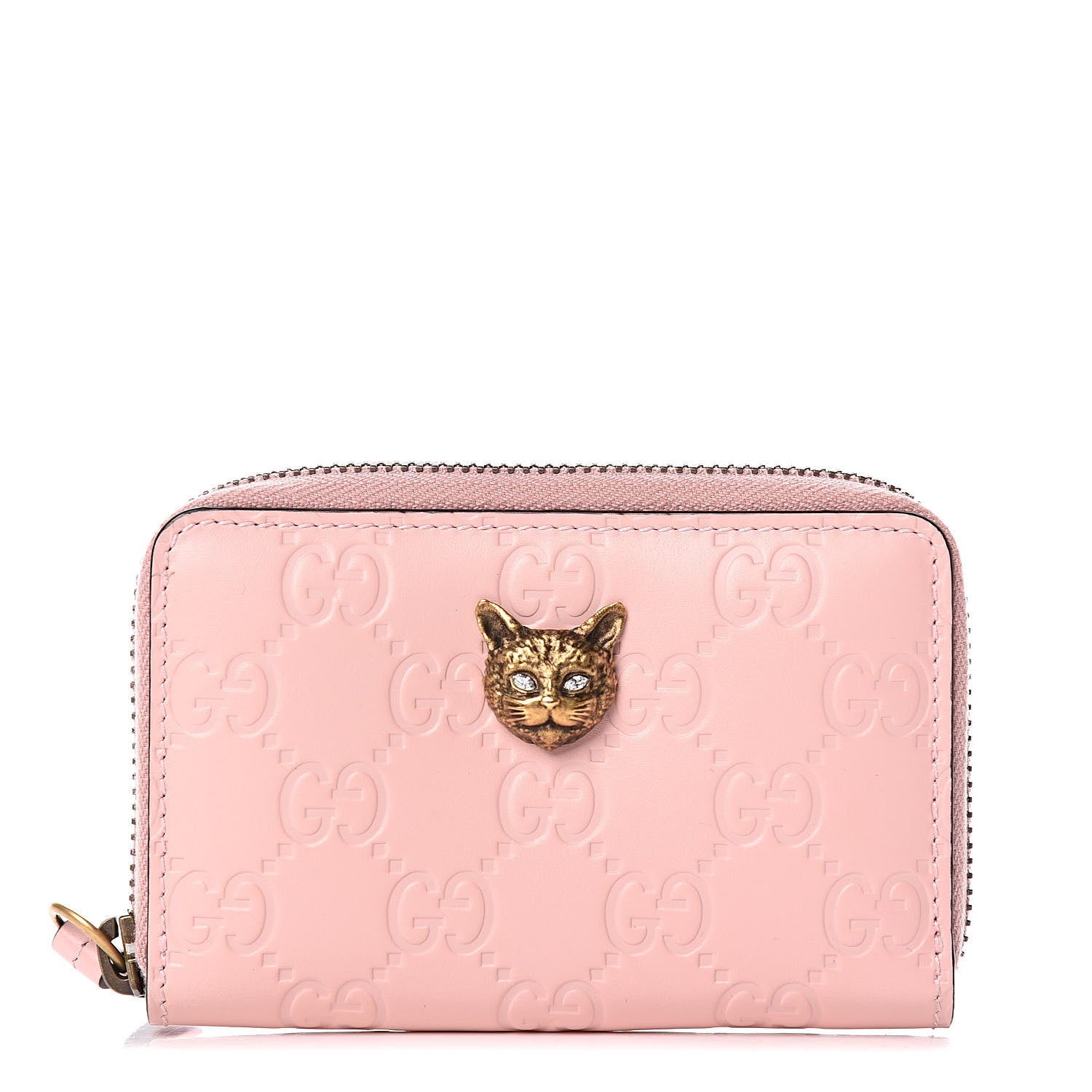 Gucci Guccissima Signature Crystal Cat Zip Around Card Case Light Candy Pink 1 of 13