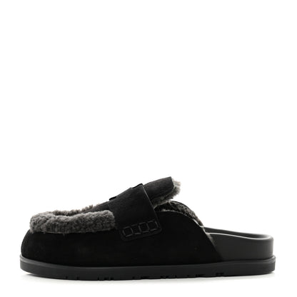 Hermes Suede Goatskin Shearling Go Mules 36.5 Black 1 of 8