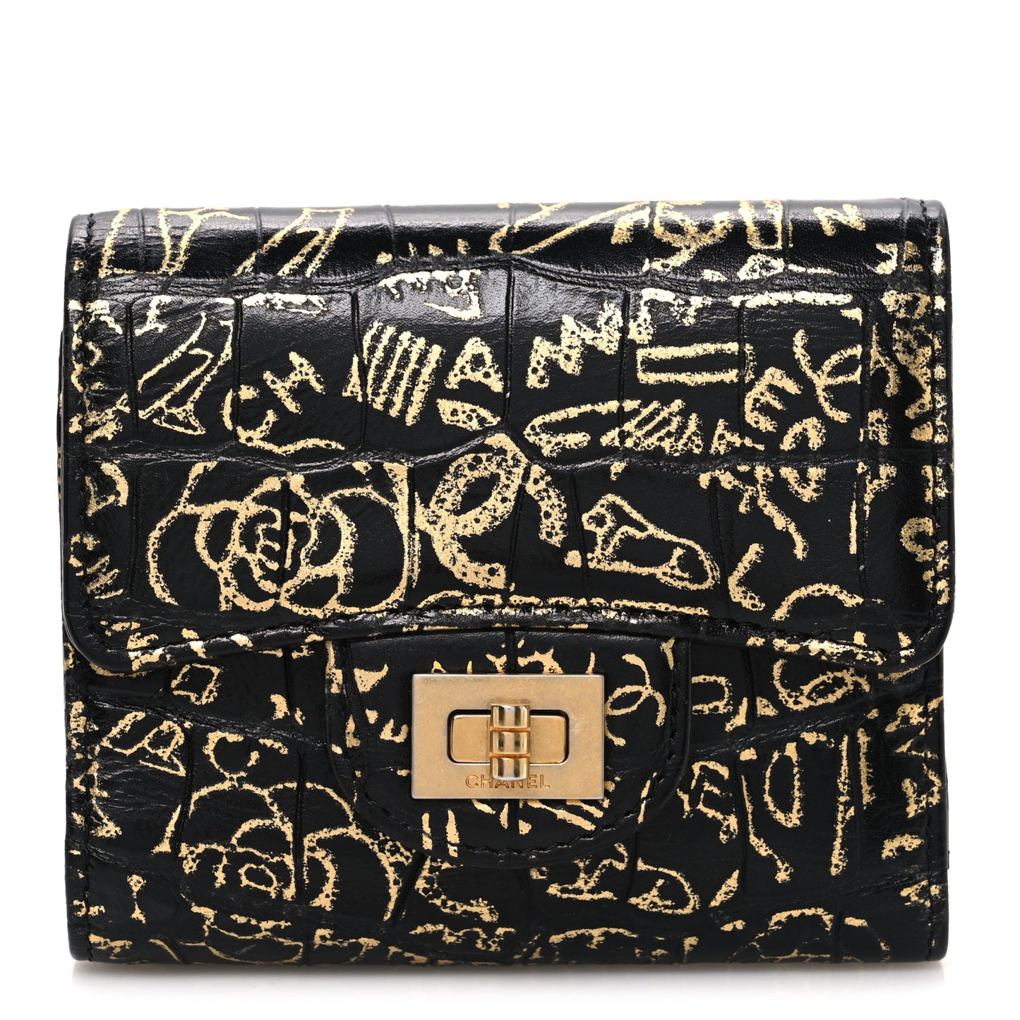 Calfskin Crocodile Embossed Graffiti Reissue Compact Wallet Black Gold
