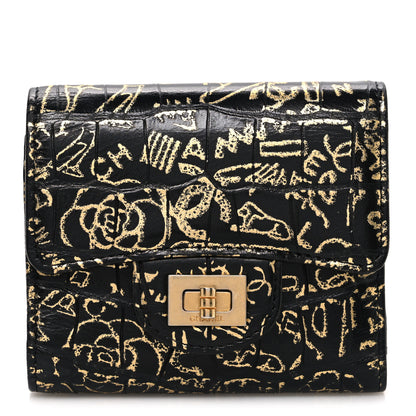 Chanel Calfskin Crocodile Embossed Graffiti Reissue Compact Wallet Black Gold 1 of 8