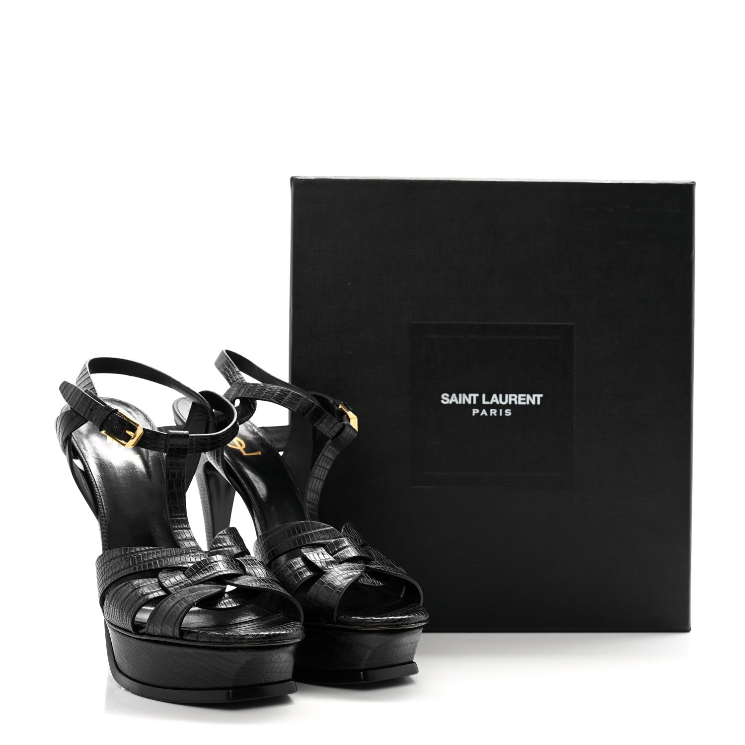 Saint Laurent Calfskin Embossed Crocodile Tribute 105 Platform Sandals 40 Black 11 of 11