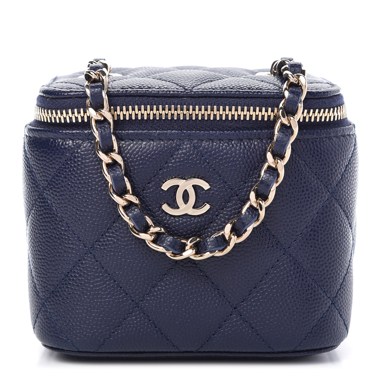 Chanel Caviar Quilted Mini Vanity Case With Chain Navy Blue 1 of 10