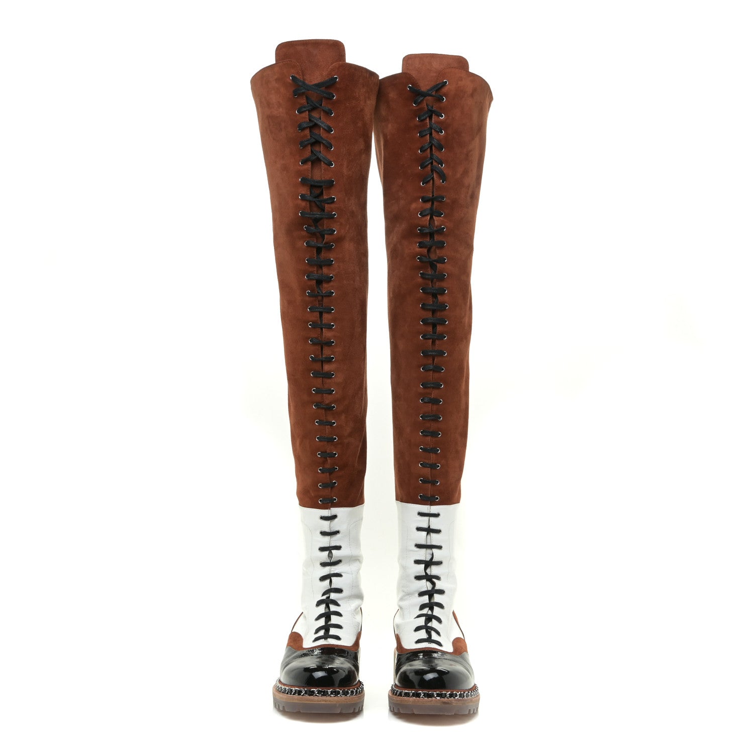 Chanel Suede Patent Calfskin Over The Knee Boots 39.5 Brown White Black 2 of 22
