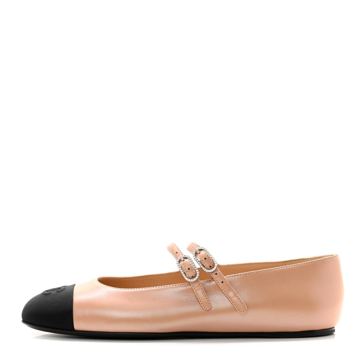 Chanel Lambskin Grosgrain Pearl Mary Jane Flats 38.5 Beige Black 1 of 9