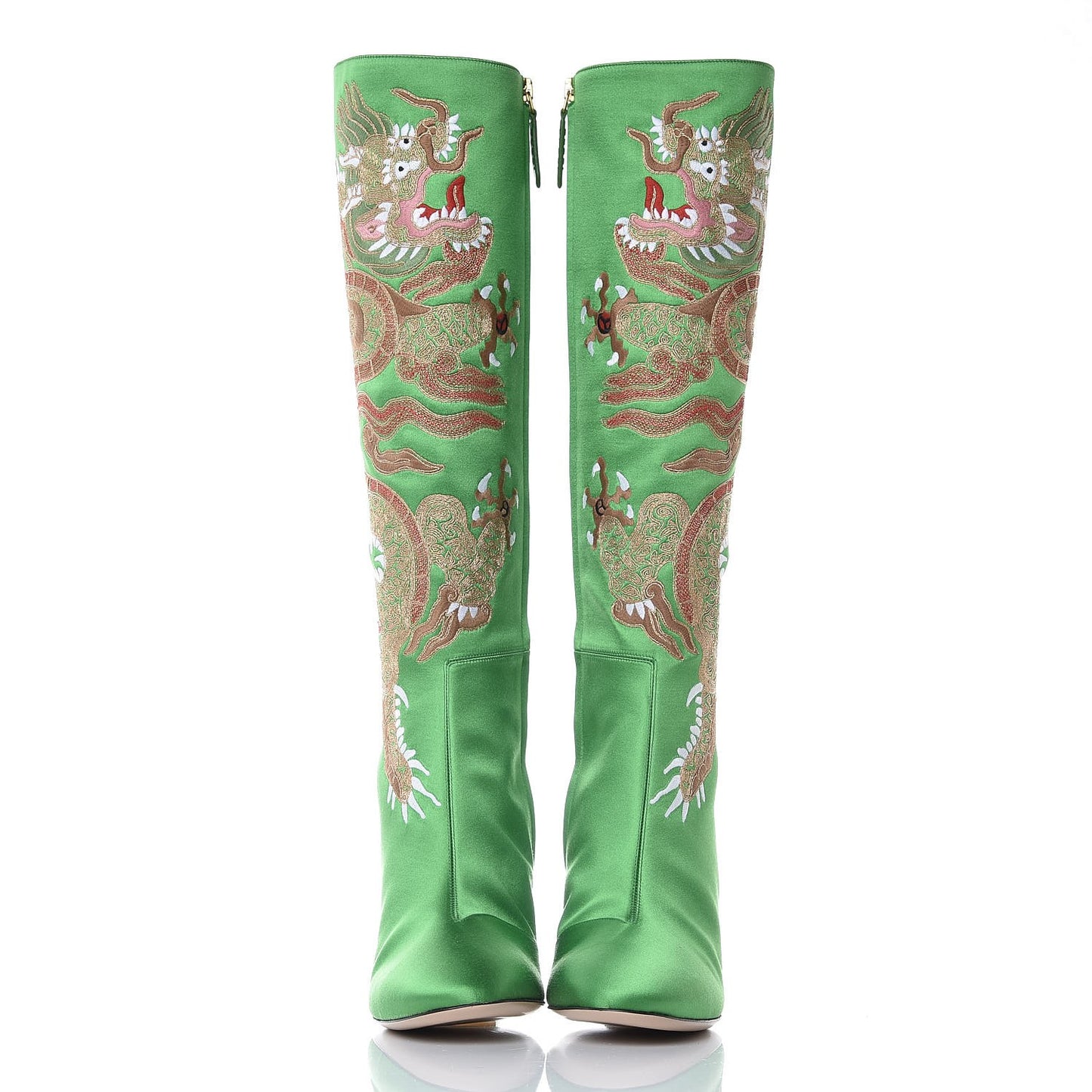Silk Satin Malaga Kid Embroidered Candy Dragon Block-Heel Knee Boot 39 Palm