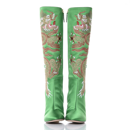 Gucci Silk Satin Malaga Kid Embroidered Candy Dragon Block-Heel Knee Boot 39 Palm 6 of 14