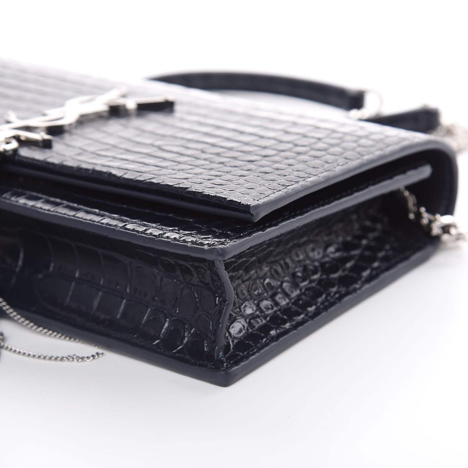 Mansur Gavriel Calfskin Crocodile Embossed Kate Monogram Tassel Chain Wallet Deep Marine 8 of 9