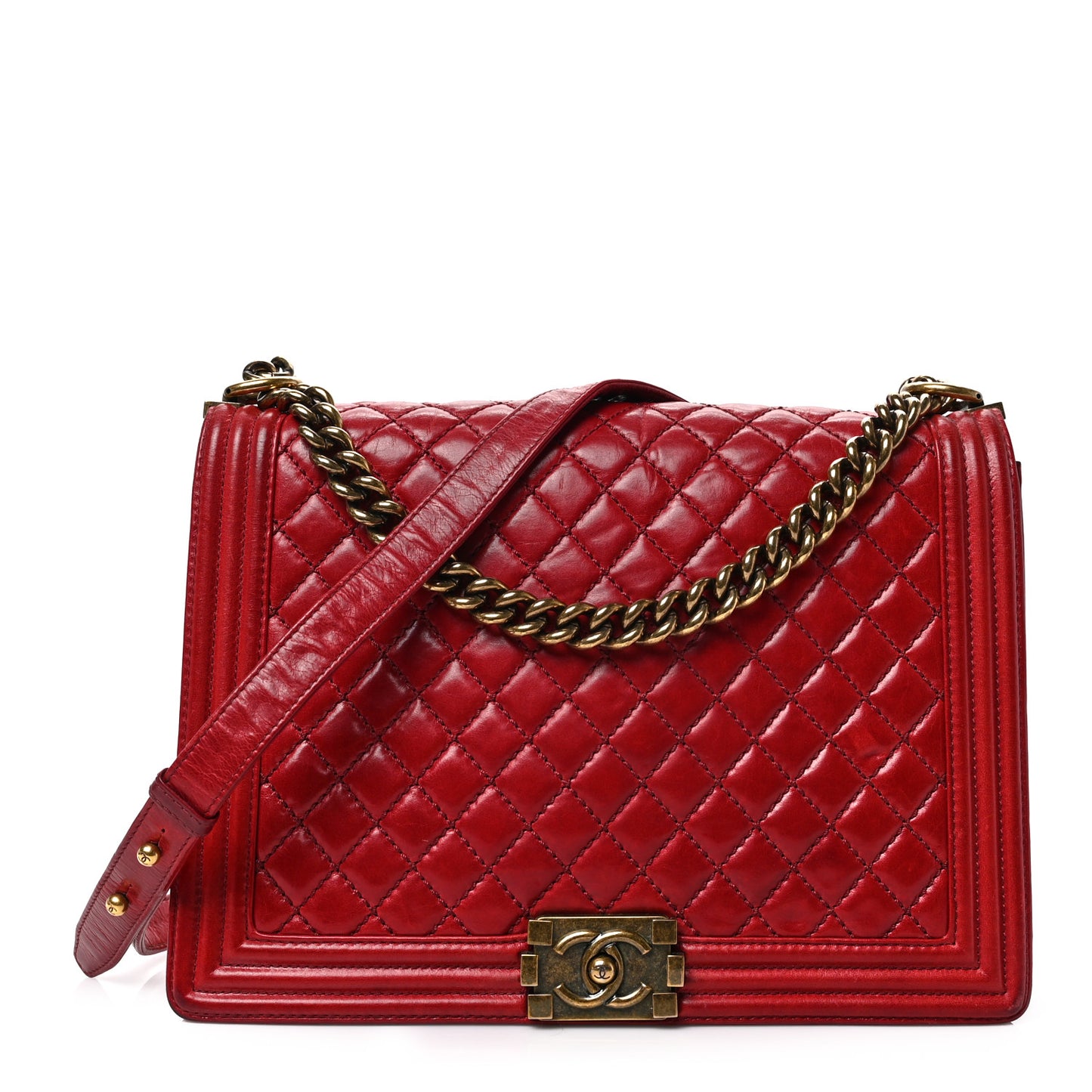 Aged Glazed Calfskin Quilted Large Boy Flap Red