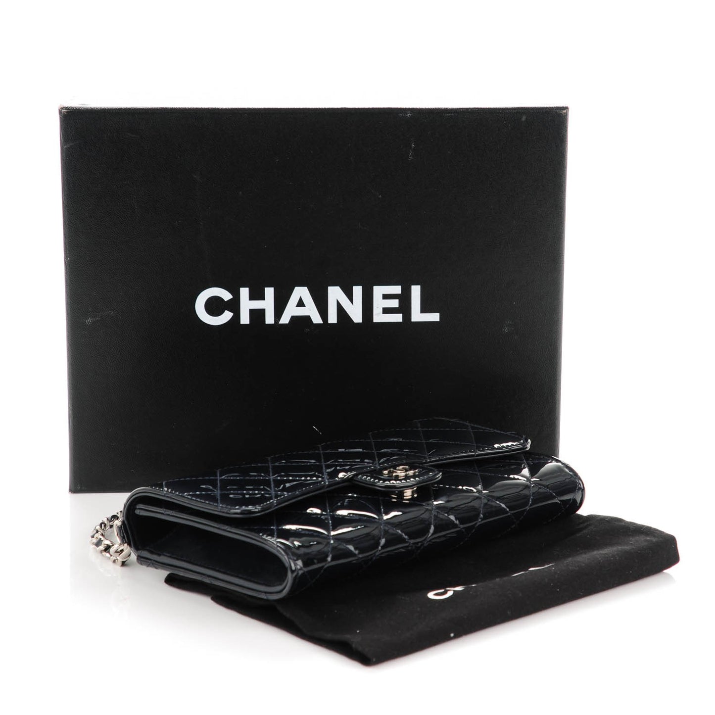 Patent Quilted Wallet On Removable Chain Navy Blue