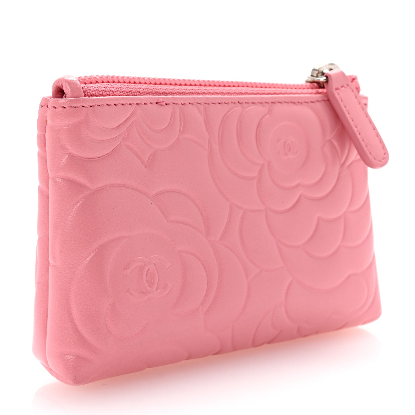 Lambskin Camellia Embossed Key Holder Case Pink