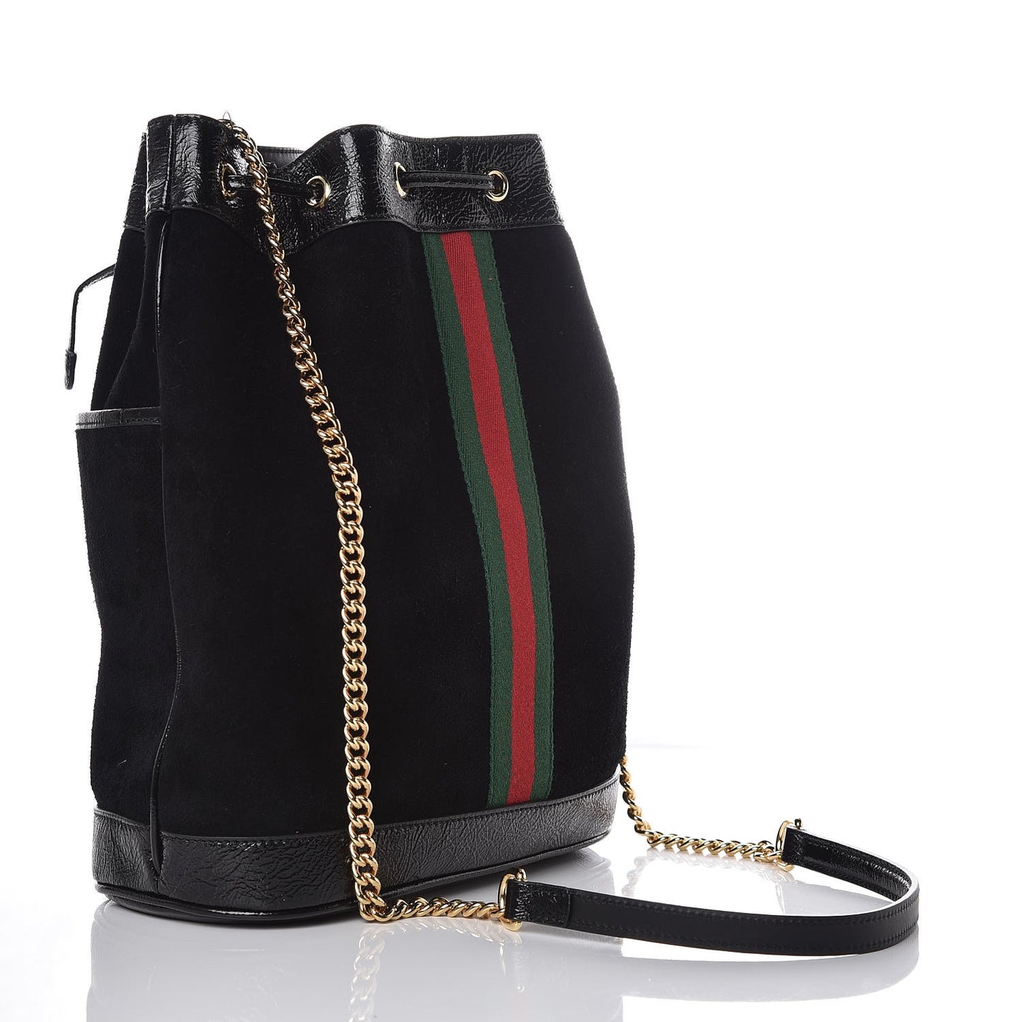 Suede Patent Web Medium Rajah Bucket Bag Black