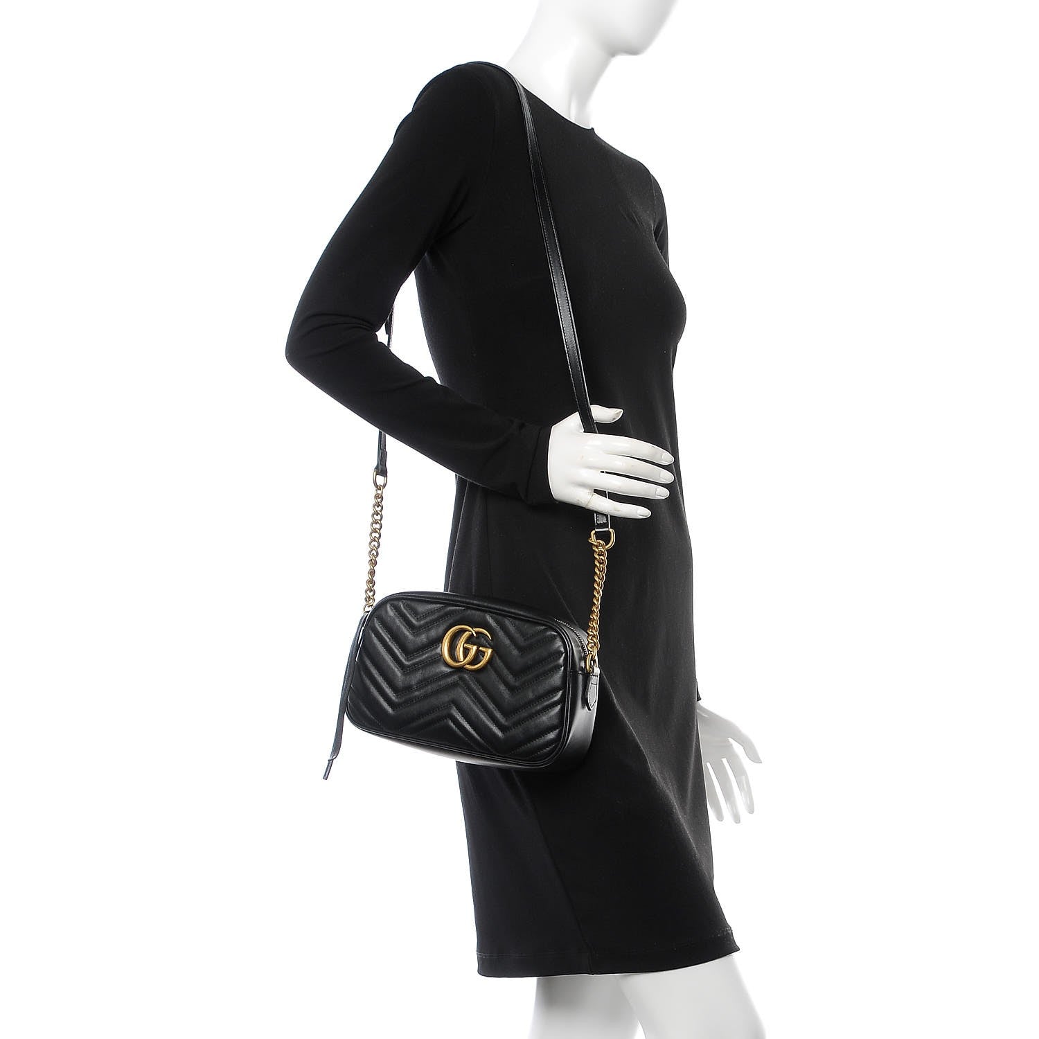 Gucci Calfskin Matelasse Small GG Marmont Chain Shoulder Bag Black 2 of 8