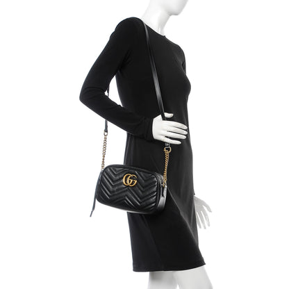 Gucci Calfskin Matelasse Small GG Marmont Chain Shoulder Bag Black 2 of 8