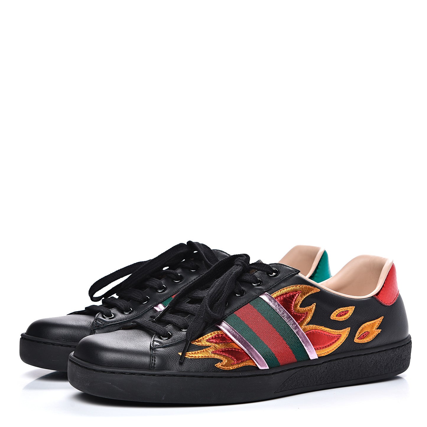 Calfskin Ayers Web Flames Embroidered Mens Ace Sneakers 7 Black