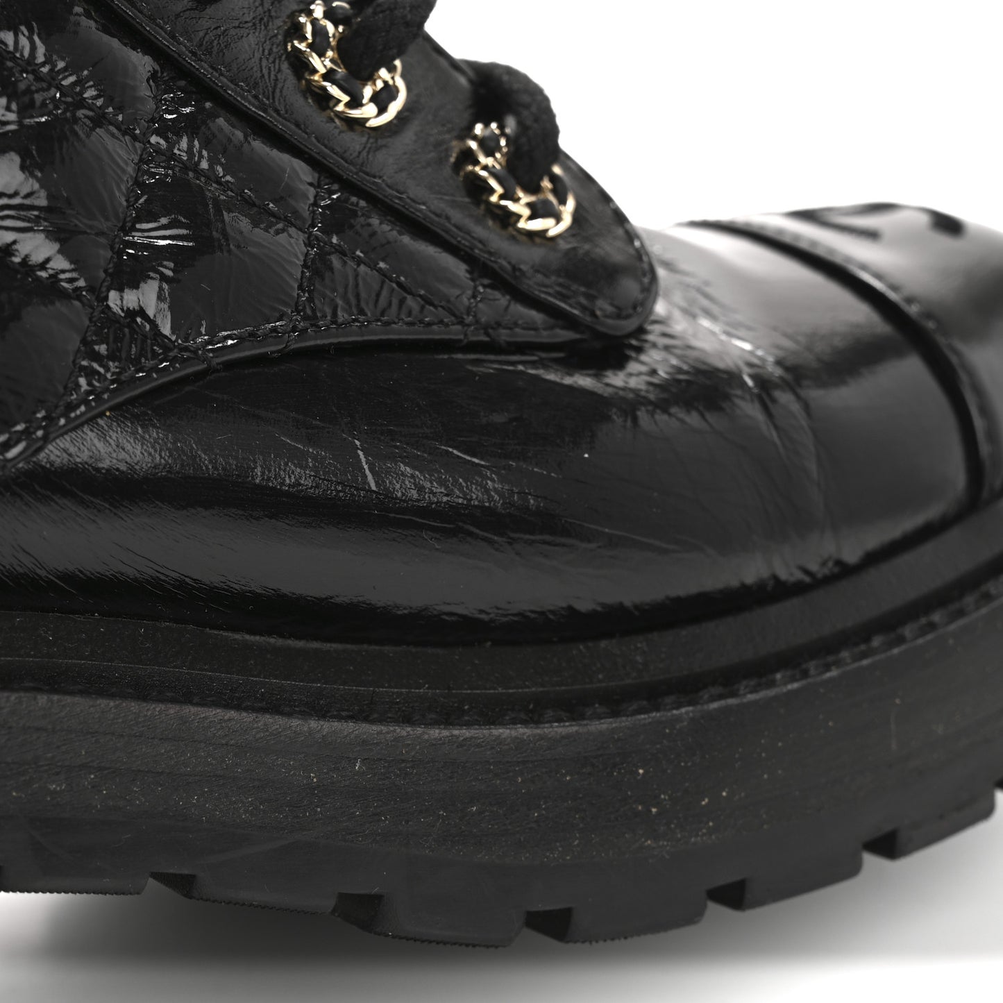 Shiny Lambskin Quilted Lace Up Combat Boots 37 Black
