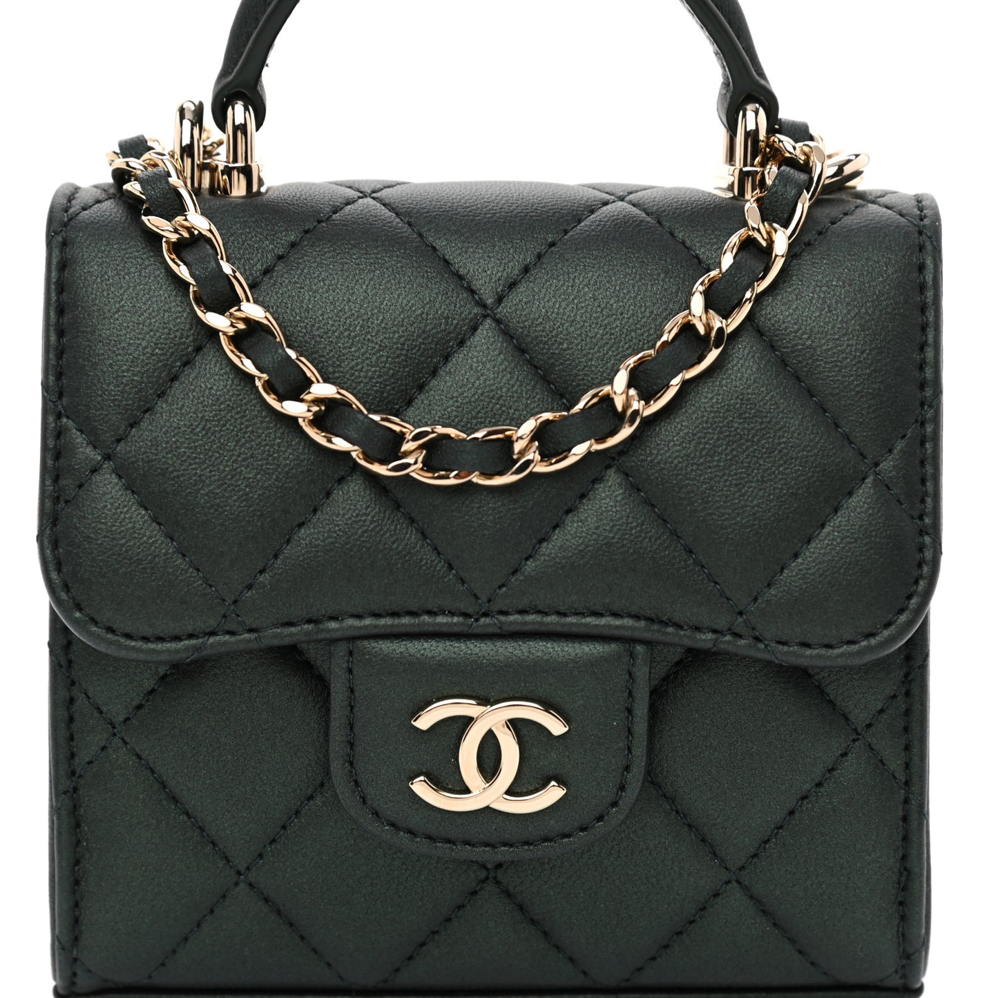 Iridescent Lambskin Quilted Top Handle Flap Clutch With Chain Dark Green