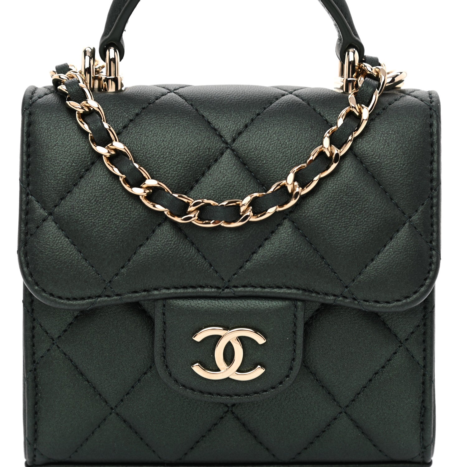 Chanel Iridescent Lambskin Quilted Top Handle Flap Clutch With Chain Dark Green 8 of 11