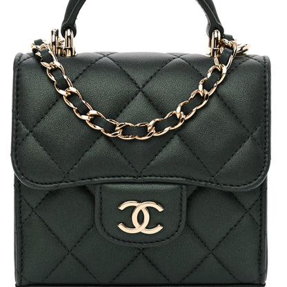 Chanel Iridescent Lambskin Quilted Top Handle Flap Clutch With Chain Dark Green 8 of 11