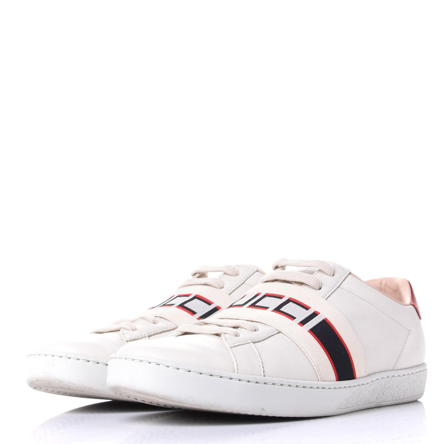 Calfskin Stripe Womens New Ace Sneakers 37.5 New Mystic White Ecru Red Flame