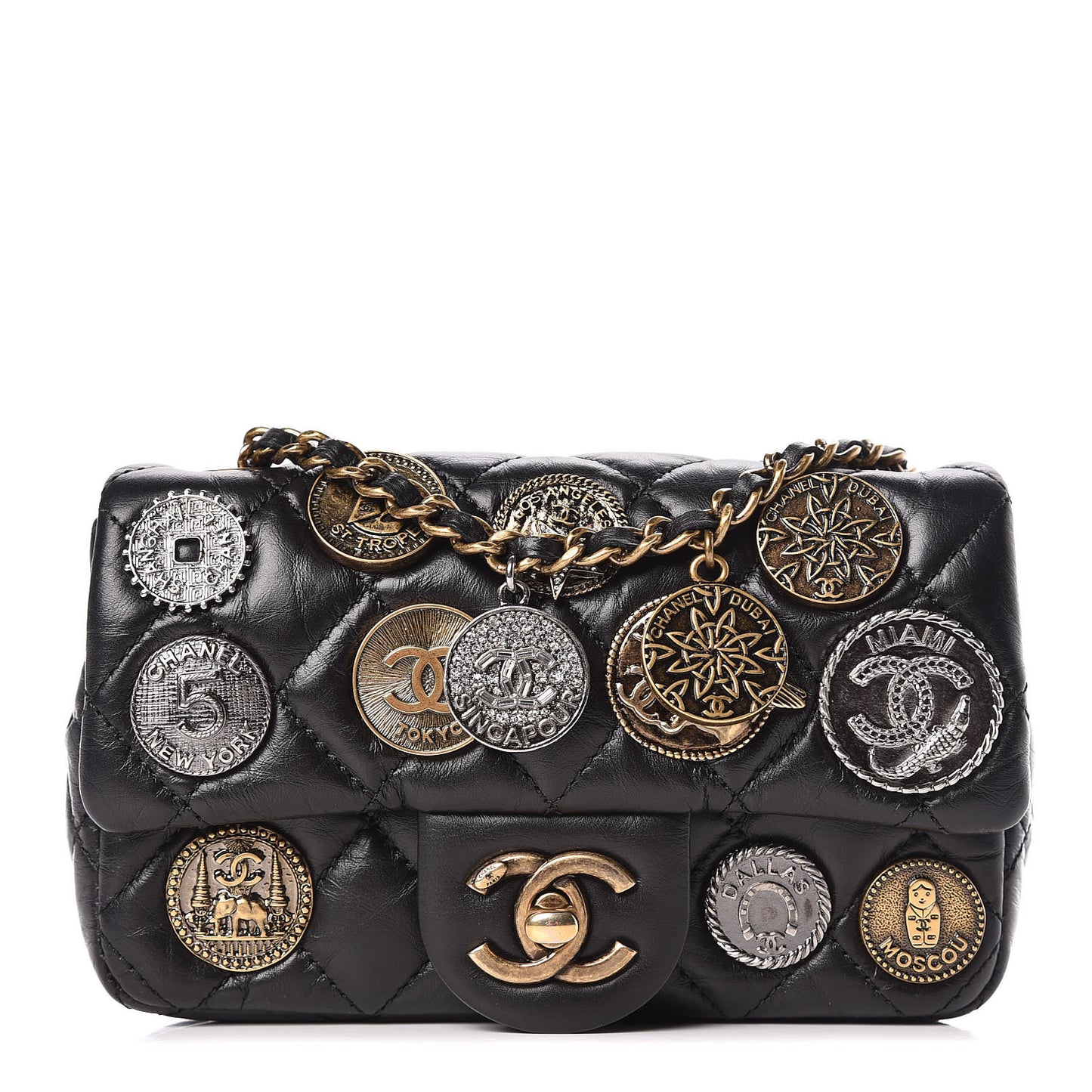 Aged Calfskin Quilted Extra Mini Medallion Flap Black