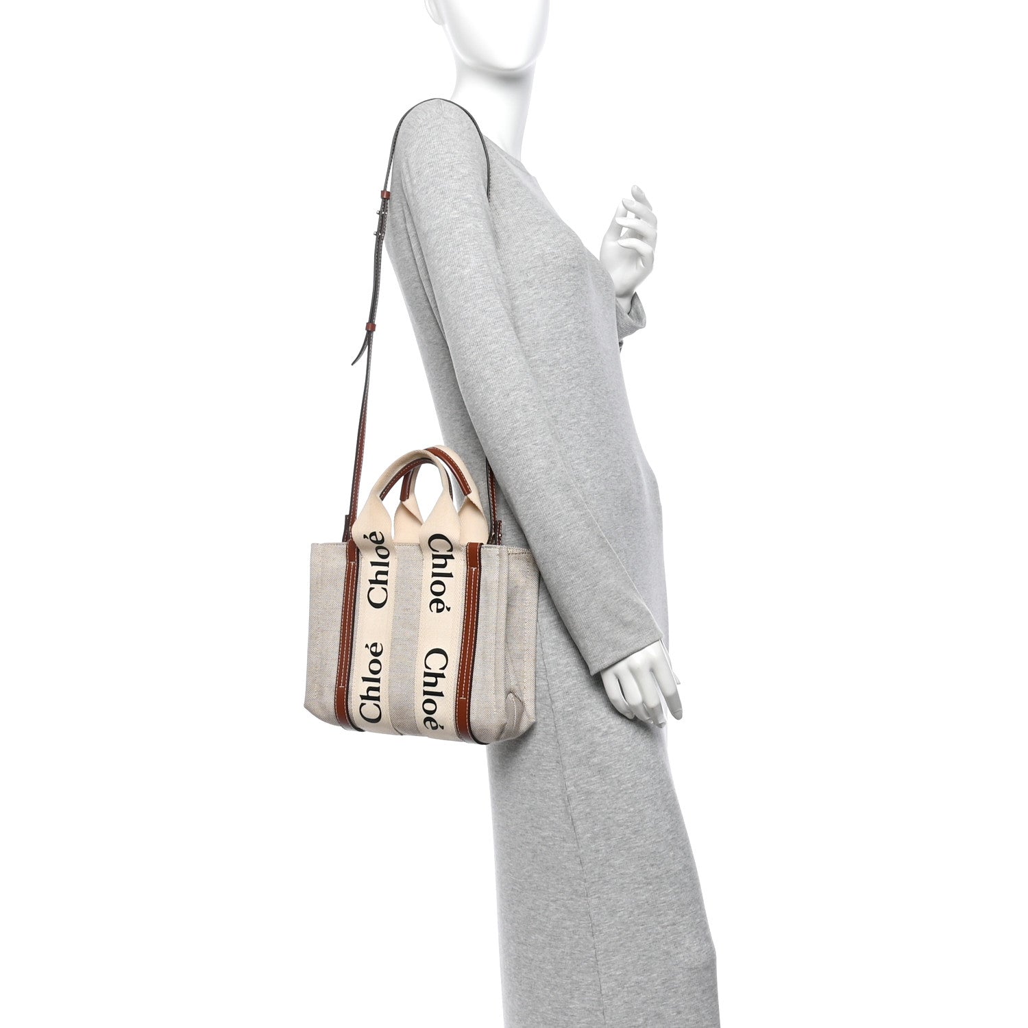 Chloe Cotton Calfskin Small Woody Ribbon Tote With Strap White Brown 2 of 10