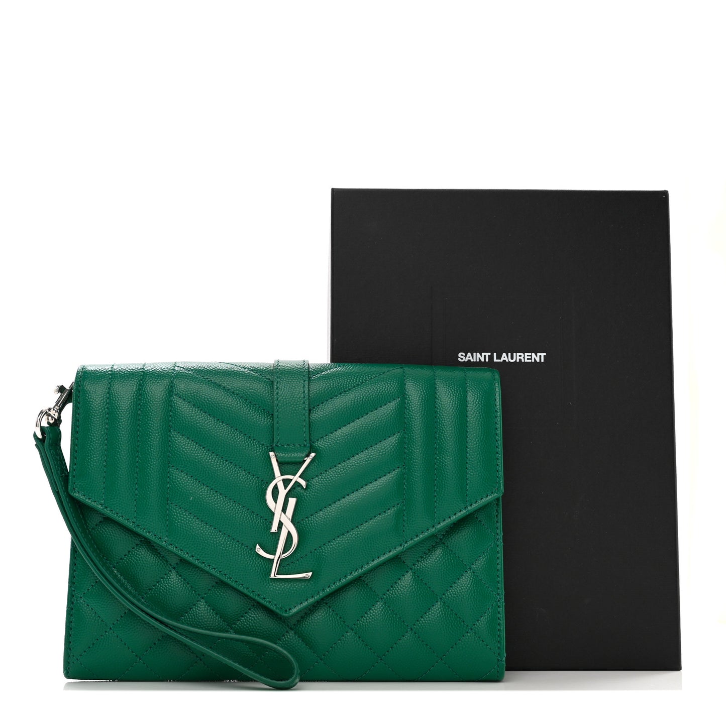 SAINT LAURENT Grain De Poudre Textured Mixed Matelasse Triquilt Monogram Clutch Green Field