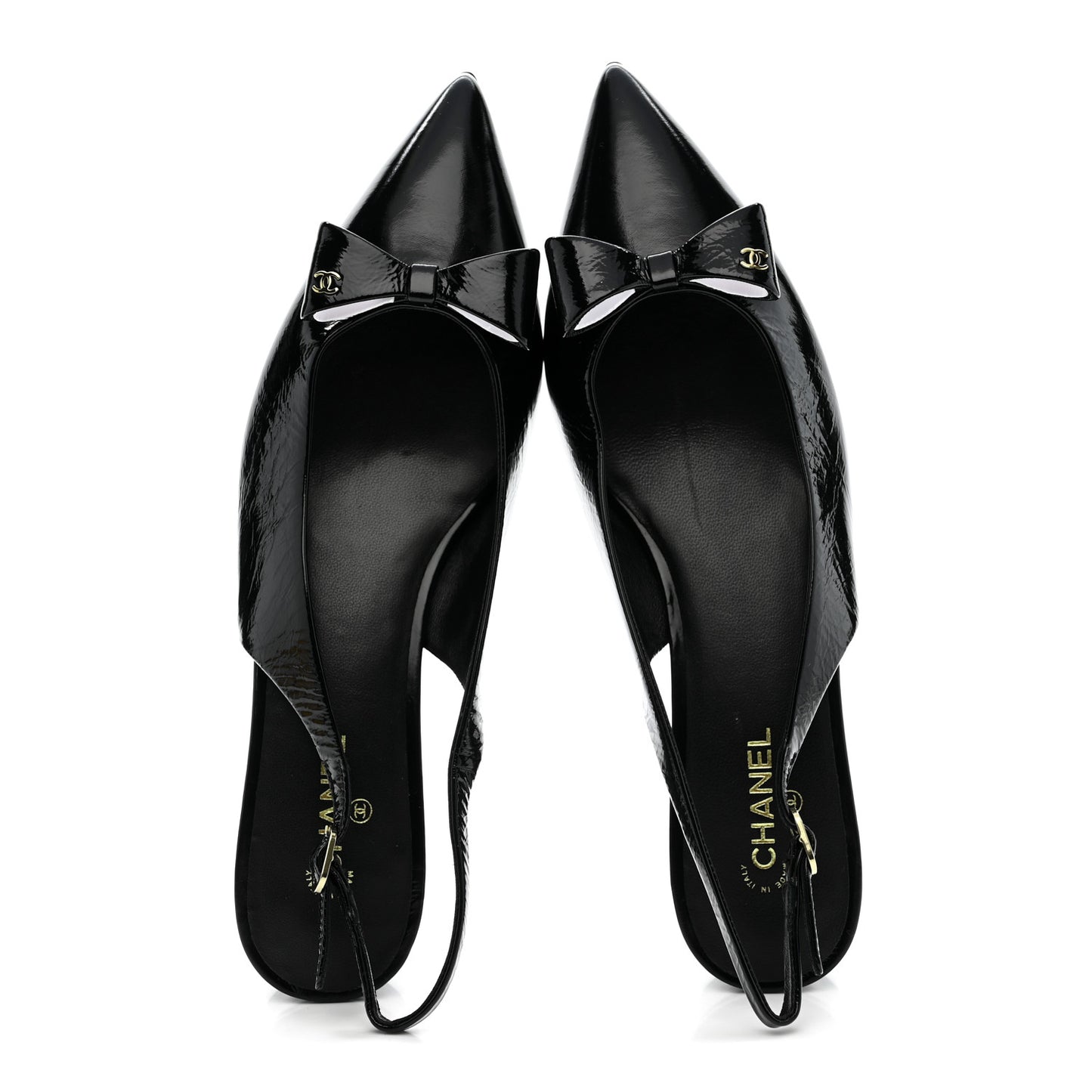 Crumpled Patent Calfskin CC Bow Slingback Pumps 38.5 Black