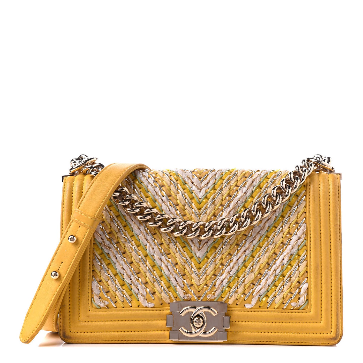 Calfskin Chevron Embroidered Medium Flap Yellow