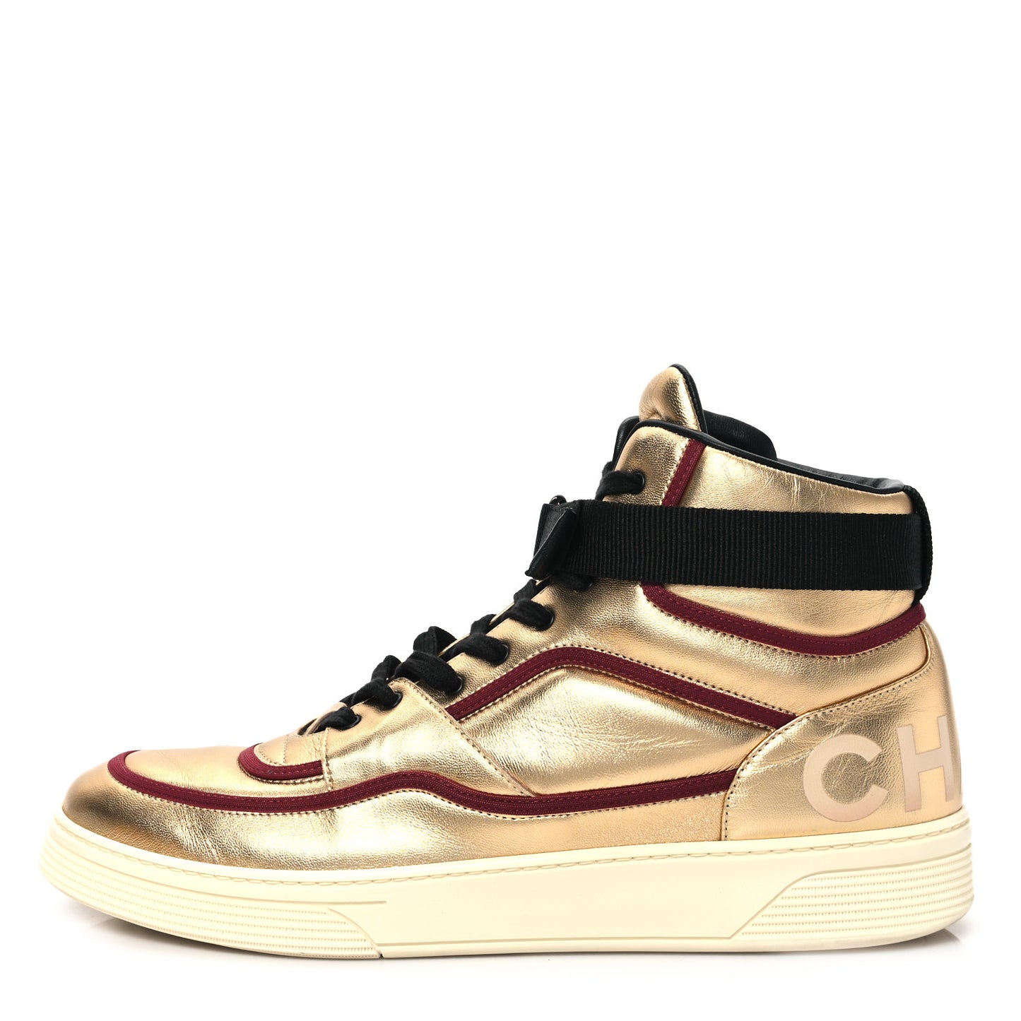 Metallic Satin Lambskin Mens Logo High Top Sneakers 46 Gold Burgundy
