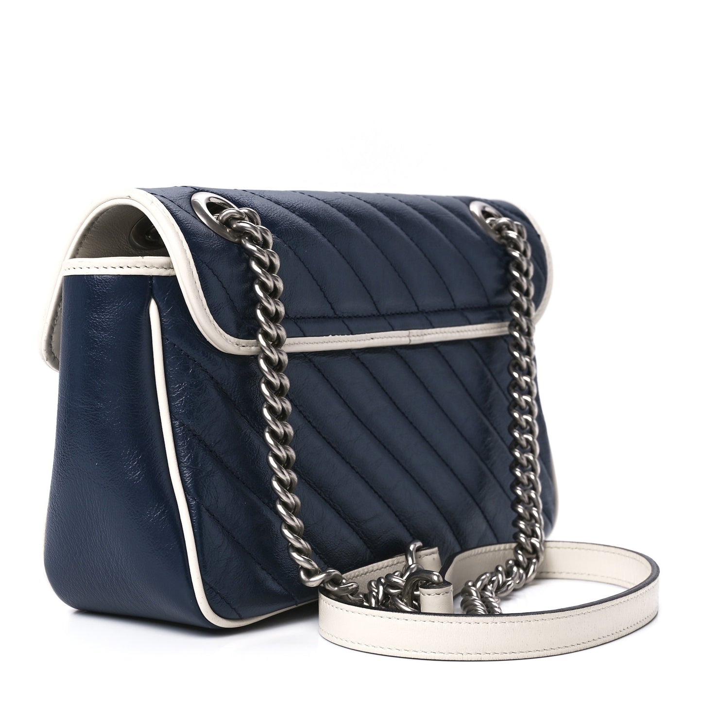 Vintage Effect Calfskin Matelasse Diagonal Small Torchon GG Marmont Shoulder Bag Blue Agata Mystic White