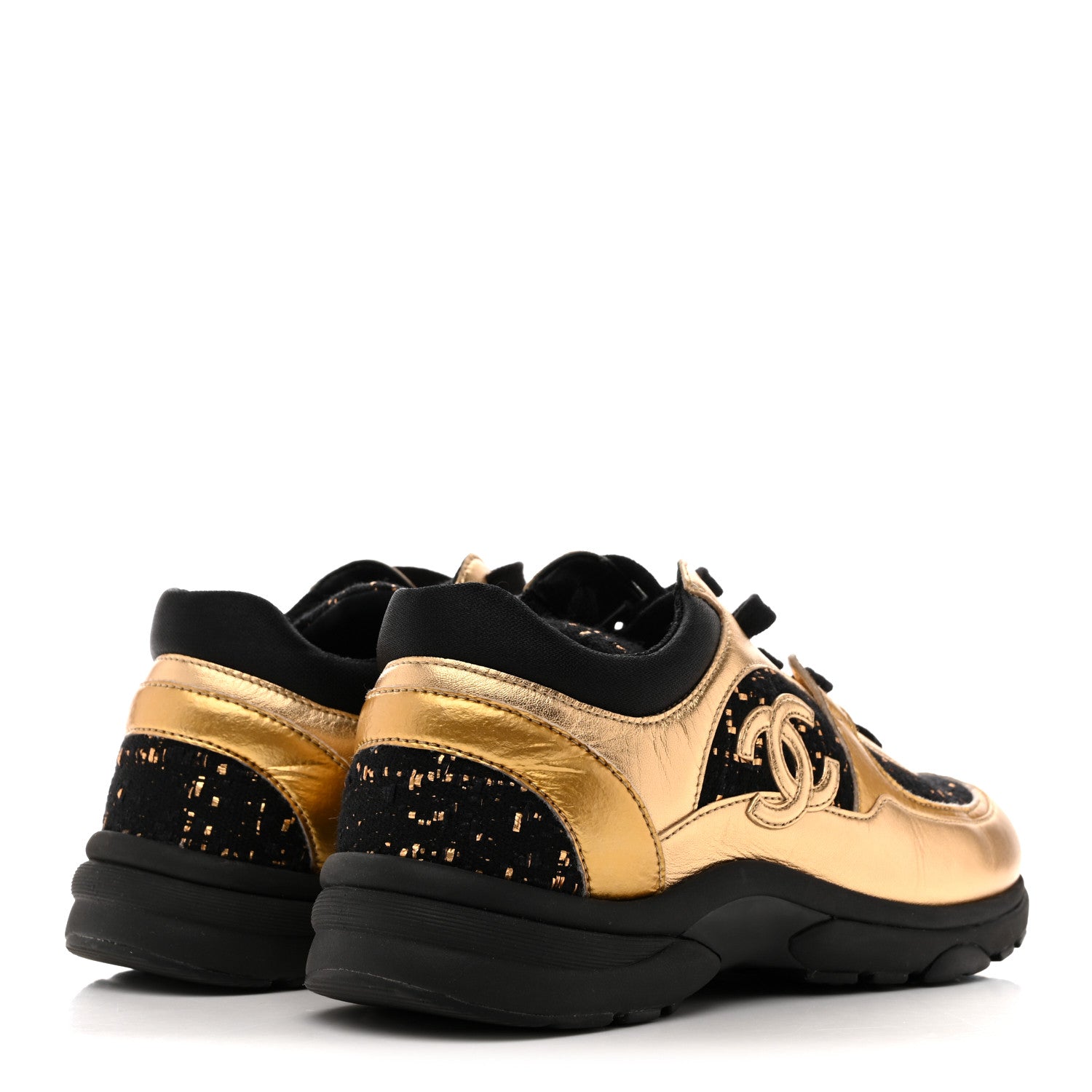 Chanel Satin Lambskin Fabric Tweed CC Sneakers 36.5 Gold Black 5 of 10