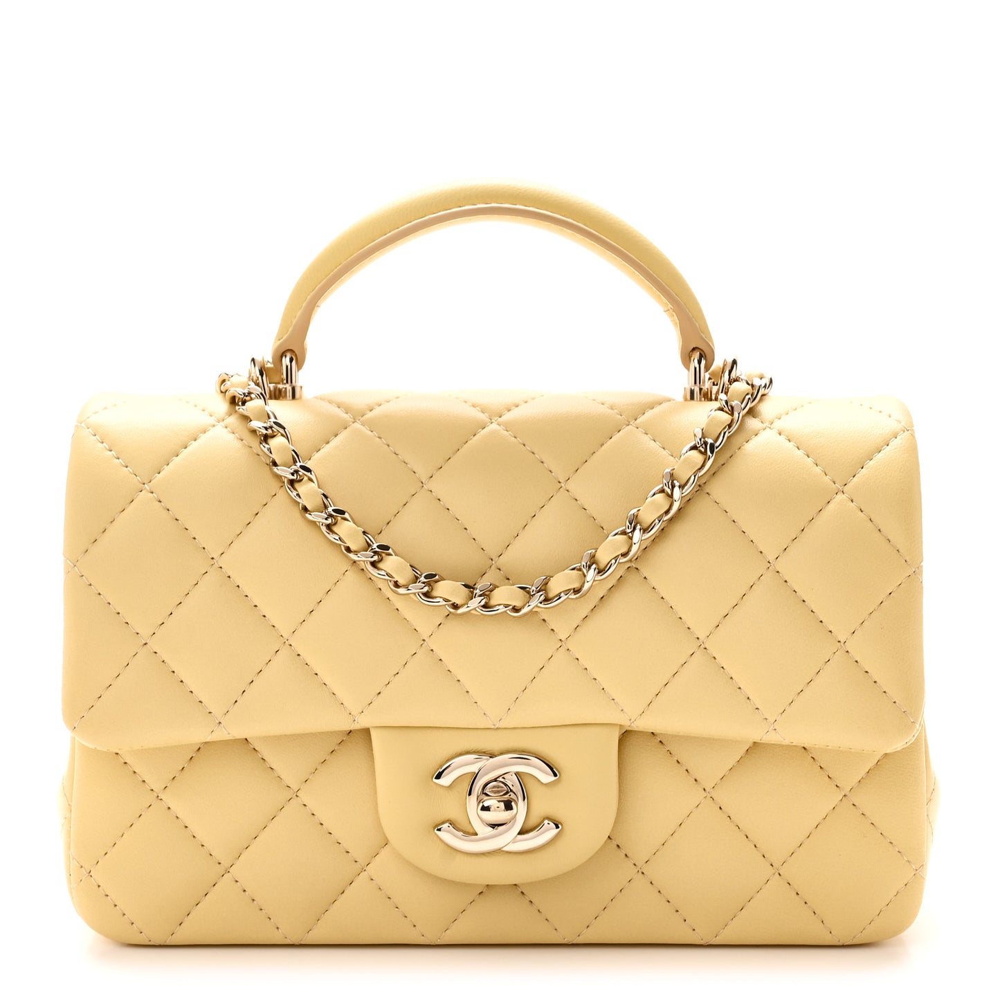 Lambskin Quilted Mini Top Handle Rectangular Flap Yellow