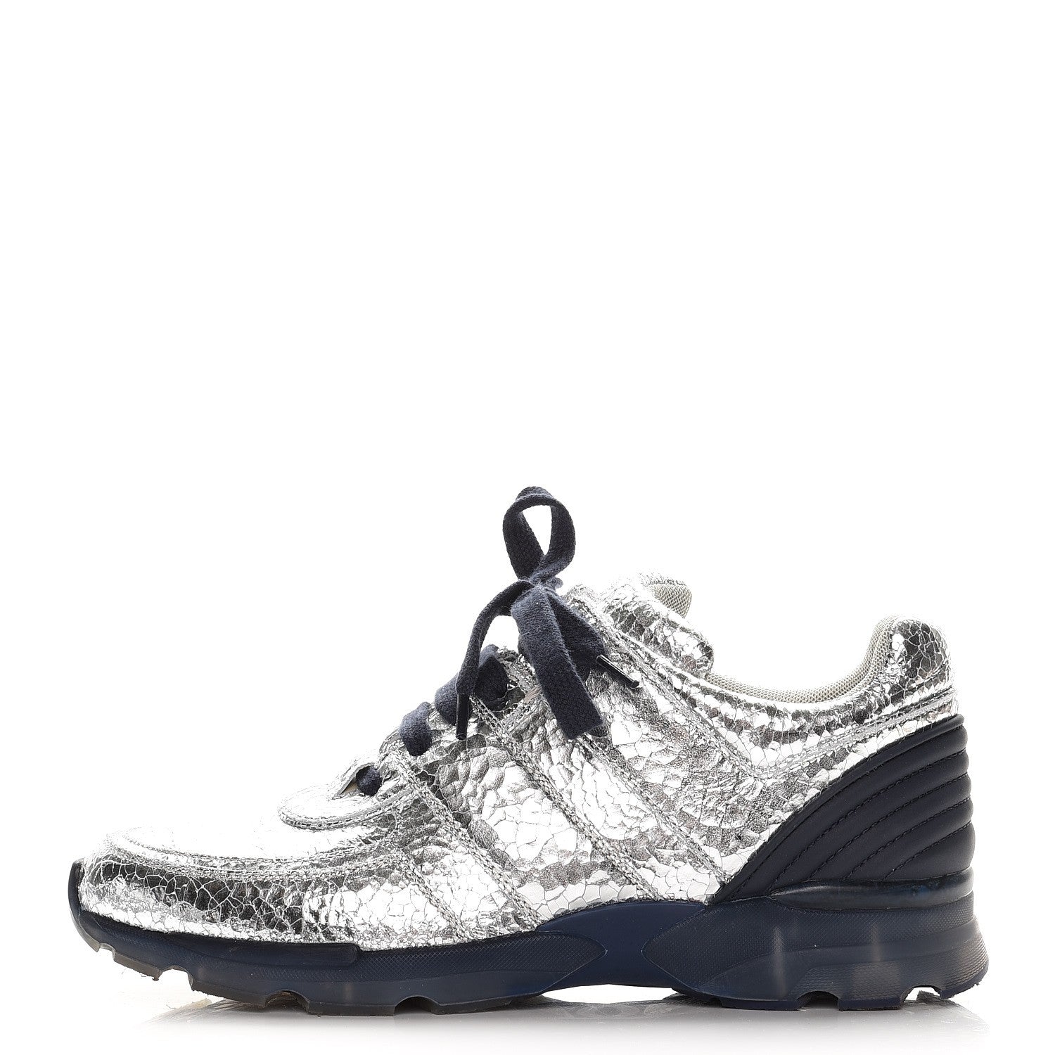 Chanel Metallic Crackled Calfskin CC Sneakers 40 Silver 1 of 9