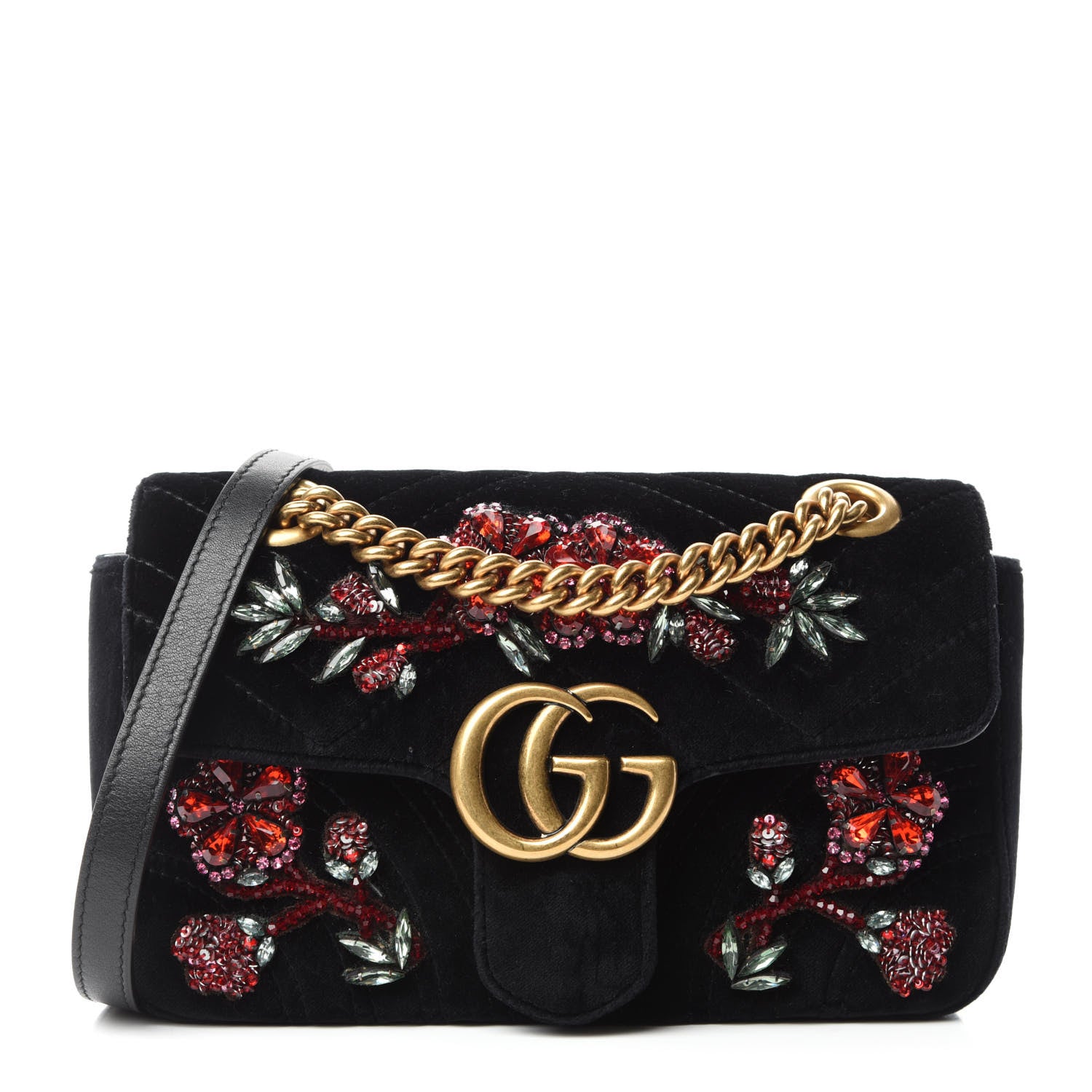 Gucci Velvet Matelasse Embroidered Mini GG Marmont Shoulder Bag Black 1 of 10