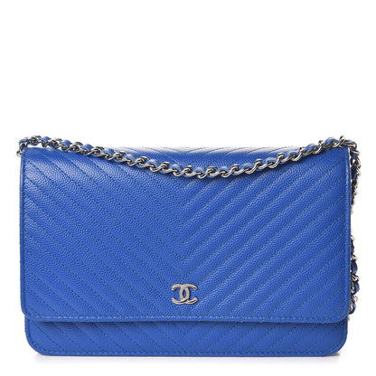 Chanel Caviar Chevron Quilted Wallet On Chain WOC Bright Blue 1 of 14
