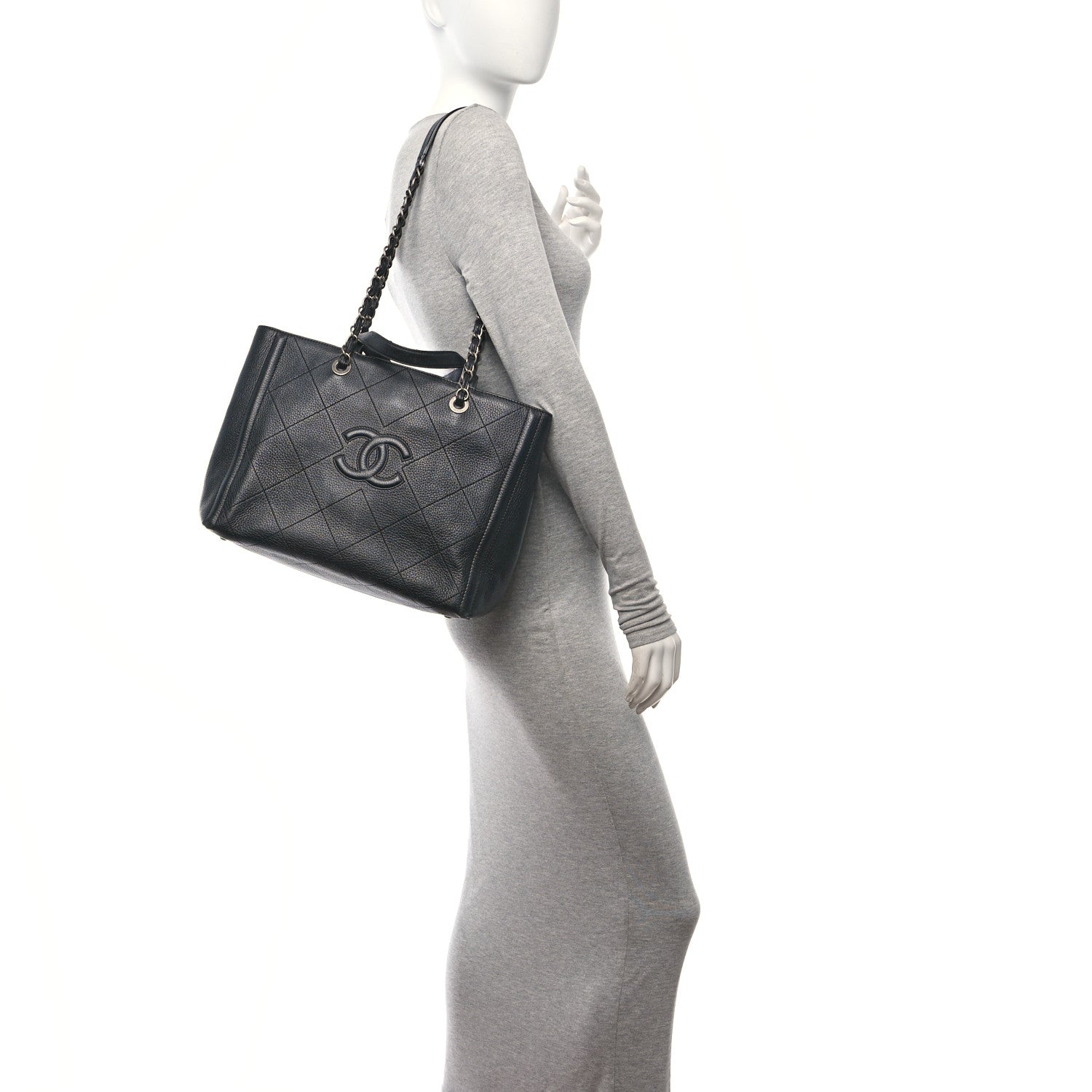 Chanel Deerskin Stitched Medium CC Shopping Tote Black 2 of 15