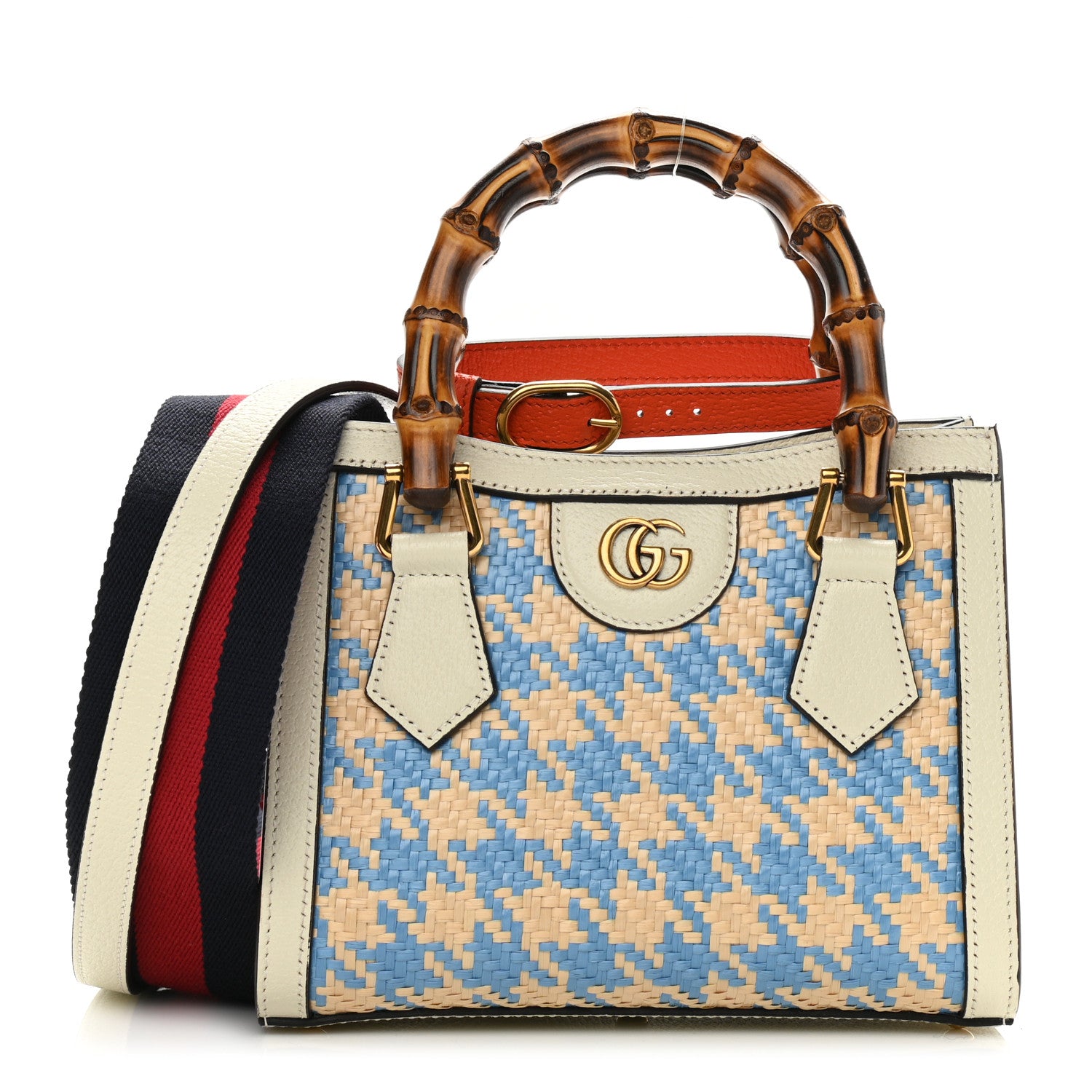 Gucci Raffia Textured Dollar Calfskin Web Houndstooth Mini Diana Tote Bag Light Blue Natural Deep Orange 1 of 7