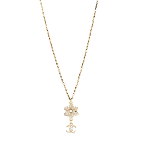 Enamel Crystal CC Camellia Flower Necklace Gold White