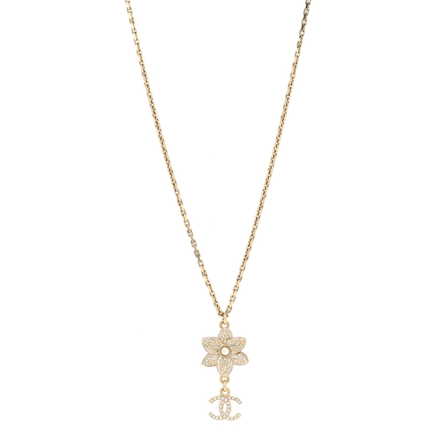 Enamel Crystal CC Camellia Flower Necklace Gold White