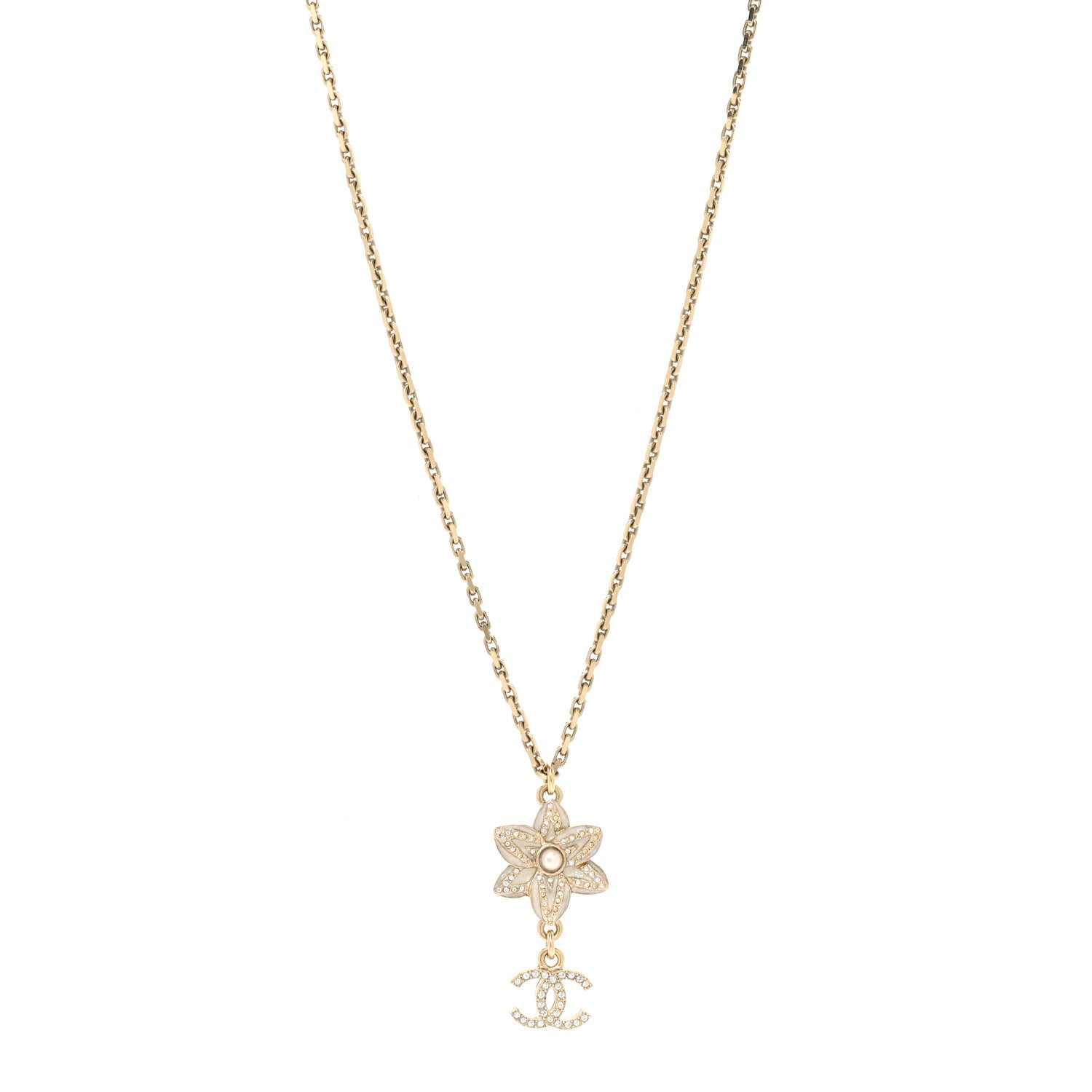 Chanel Enamel Crystal CC Camellia Flower Necklace Gold White 1 of 4