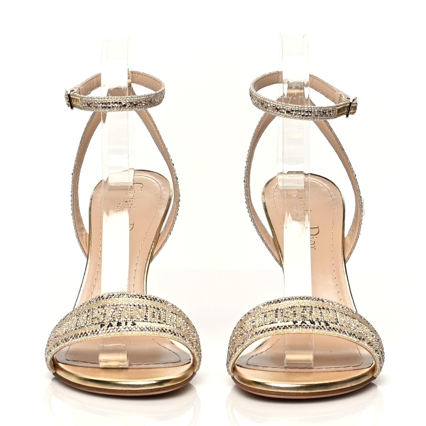 Laminated Calfskin Crystal Embroidered Dway 100mm Sandals 37.5 Gold