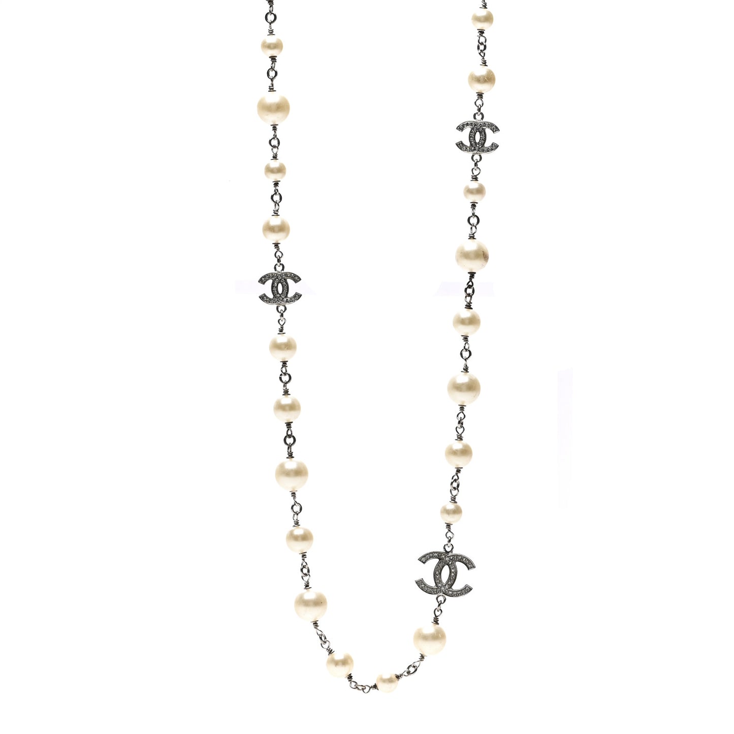 Graduated Pearl Crystal CC Long Necklace Silver