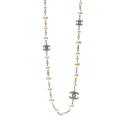 Chanel Graduated Pearl Crystal CC Long Necklace Silver 1 of 3