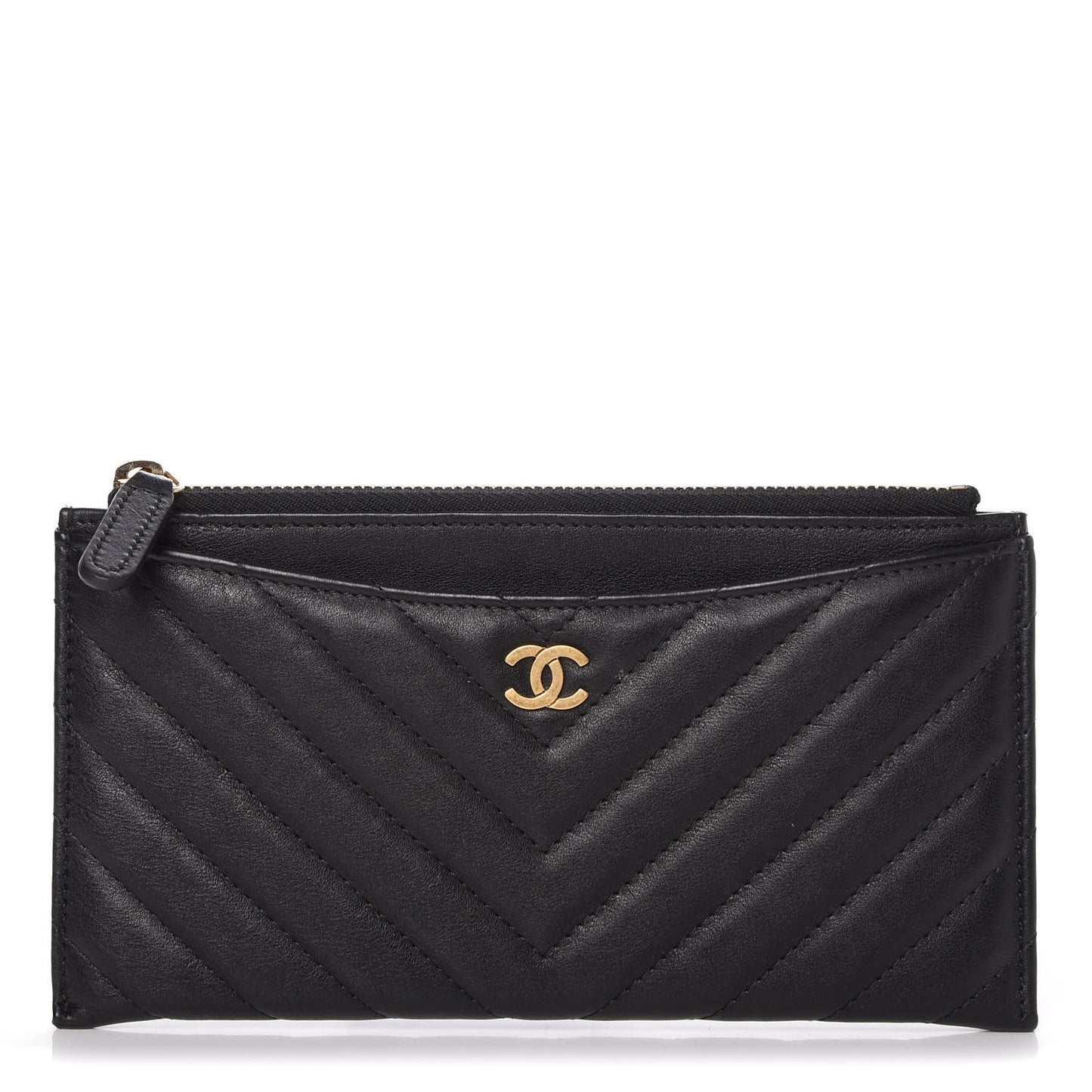 Calfskin Chevron Quilted Classic Zip Pouch Black